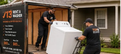 Crew unloading a washer from the 713 Rent A Washer delivery trailer