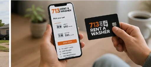 Book a washer rental online, mobile checkout with 713 Rent A Washer